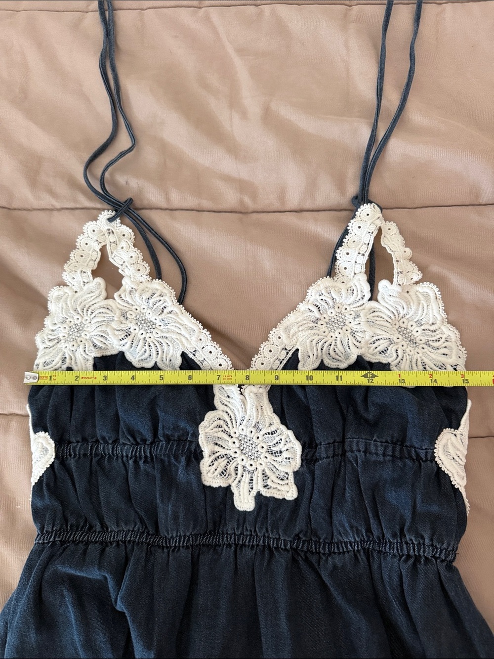 En Saison Natalia Crochet Trim Tie Shoulder Midi Dress Vintage Indigo Size Small - Picture 3 of 16